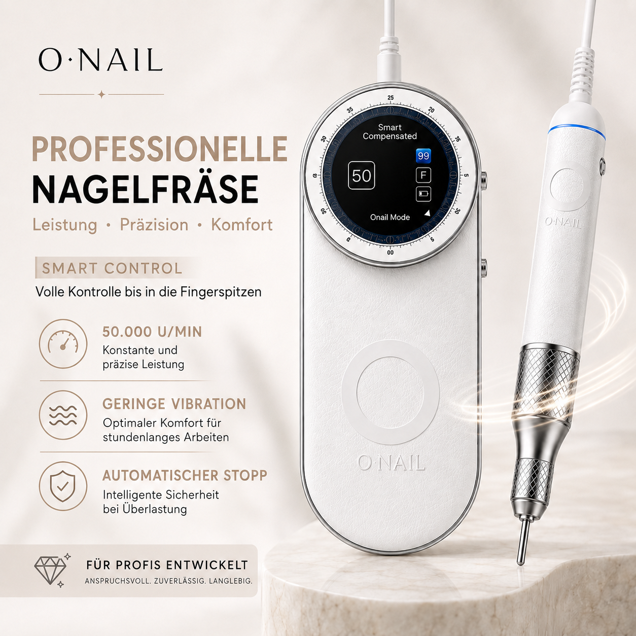 ONAIL - Professionelle Nagelfräse mit Smart Control, 50.000 U/min, geringer Vibration und automatischem Stopp